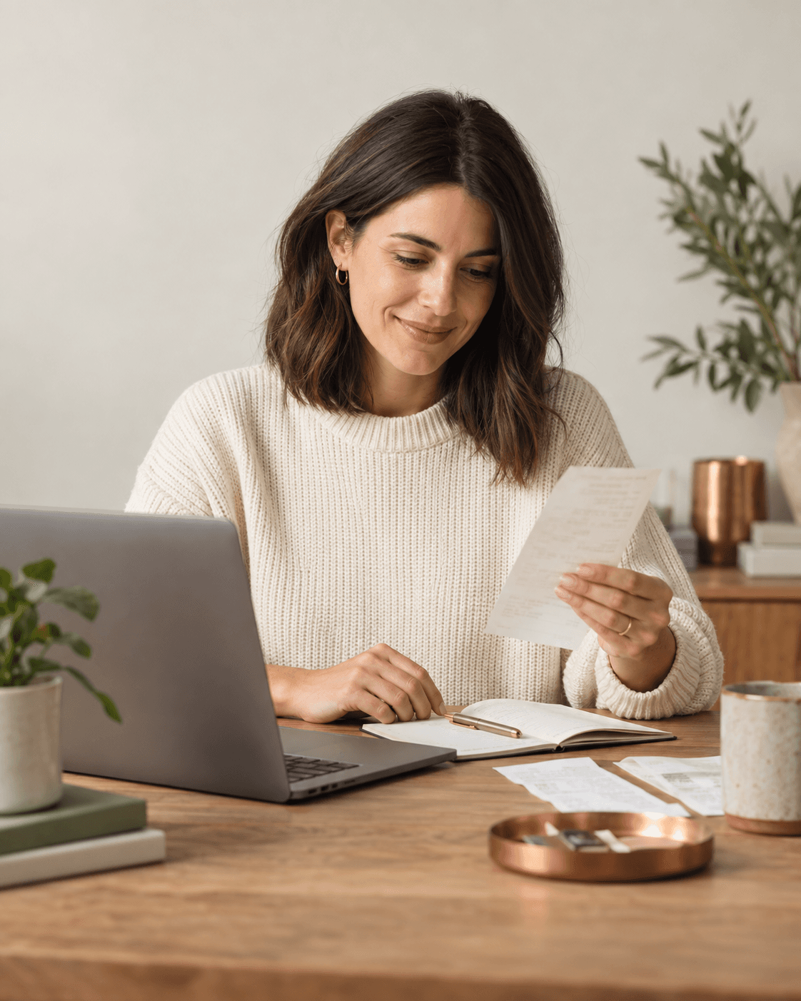 Business owner reviewing a receipt beside her laptop